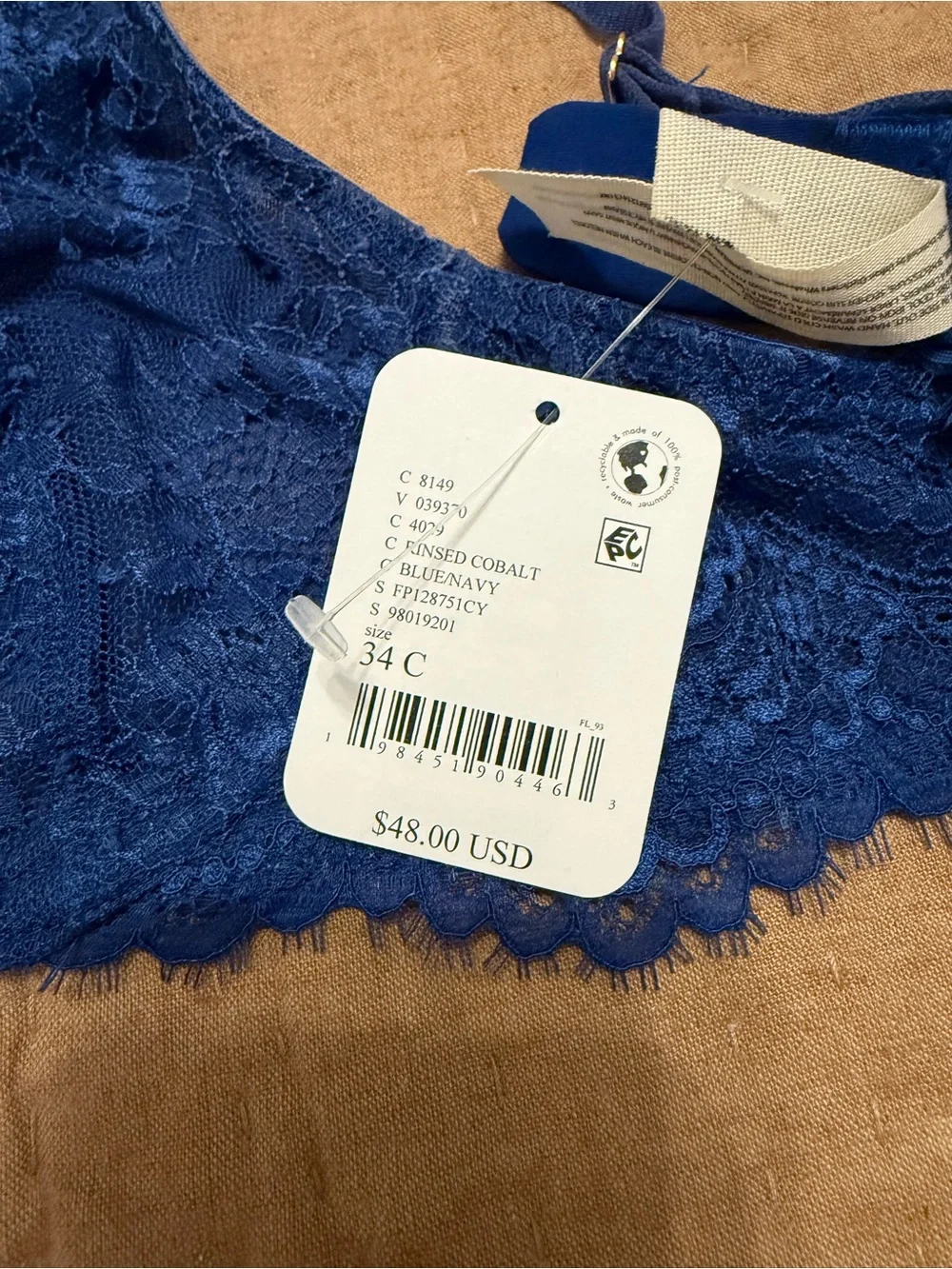 Free People Deep Navy Lace Bralette with Floral Accent